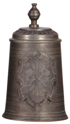 Pewter stein, 1.0L, relief & engraved, Brewer's Occupational symbols, dated 1822, touch marks, c. 1900, normal wear, good condition.