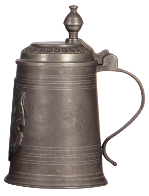 Pewter stein, 1.0L, relief & engraved, Brewer's Occupational symbols, dated 1822, touch marks, c. 1900, normal wear, good condition. - 2