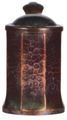 Copper stein, .5L, c.1900, hand-hammered, tin lined, original label on base: Ludwig Estl, München, Kupferschmiede u. Apparatebau, very rare, excellent condition. - 2