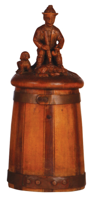 Wood tankard, .5L, barrel, carved figural lid: hunter, dog & fox, small chip on hunter's hat.