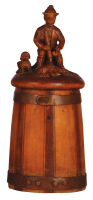 Wood tankard, .5L, barrel, carved figural lid: hunter, dog & fox, small chip on hunter's hat.