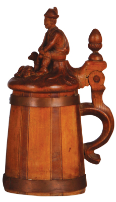 Wood tankard, .5L, barrel, carved figural lid: hunter, dog & fox, small chip on hunter's hat. - 2