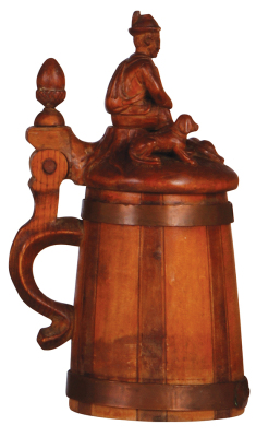 Wood tankard, .5L, barrel, carved figural lid: hunter, dog & fox, small chip on hunter's hat. - 3