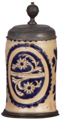 Stoneware stein, 7.8" ht., mid 1700s, Muskauer Walzenkrug, pewter lid & footring, very good condition.