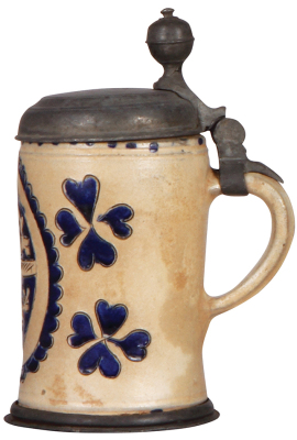 Stoneware stein, 7.8" ht., mid 1700s, Muskauer Walzenkrug, pewter lid & footring, very good condition. - 2