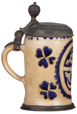 Stoneware stein, 7.8" ht., mid 1700s, Muskauer Walzenkrug, pewter lid & footring, very good condition. - 3