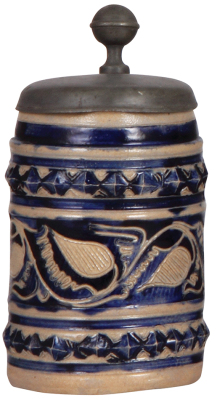 Stoneware stein, 7.2'' ht., early 1700s, Westerwälder Walzenkrug, incised & applied relief, blue saltglaze, pewter lid, later hinge, good condition.