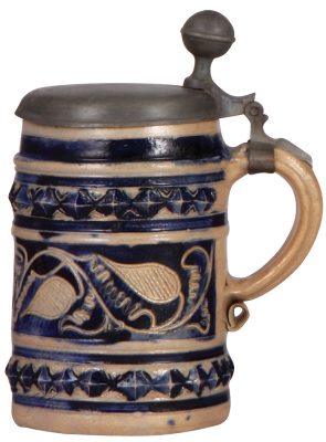 Stoneware stein, 7.2'' ht., early 1700s, Westerwälder Walzenkrug, incised & applied relief, blue saltglaze, pewter lid, later hinge, good condition. - 2