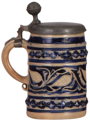 Stoneware stein, 7.2'' ht., early 1700s, Westerwälder Walzenkrug, incised & applied relief, blue saltglaze, pewter lid, later hinge, good condition. - 3