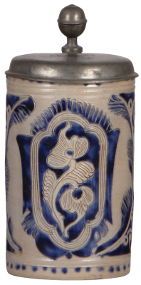 Stoneware stein, 8.2'' ht., late 1700s, Westerwälder Walzenkrug, incised, blue saltglaze, replaced old pewter lid, good condition.