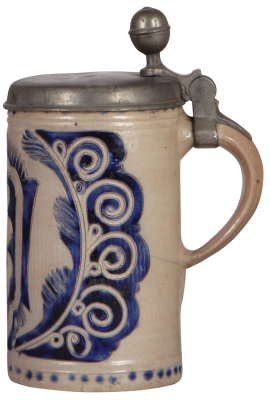 Stoneware stein, 8.2'' ht., late 1700s, Westerwälder Walzenkrug, incised, blue saltglaze, replaced old pewter lid, good condition. - 2