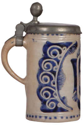 Stoneware stein, 8.2'' ht., late 1700s, Westerwälder Walzenkrug, incised, blue saltglaze, replaced old pewter lid, good condition. - 3