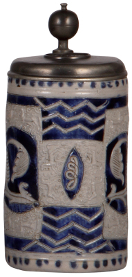 Stoneware stein, 8.0" ht., mid 1700s, Westerwälder Walzenkrug, applied relief, pewter lid, excellent pewter repair, otherwise good condition.