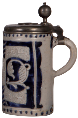 Stoneware stein, 8.0" ht., mid 1700s, Westerwälder Walzenkrug, applied relief, pewter lid, excellent pewter repair, otherwise good condition. - 2