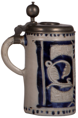 Stoneware stein, 8.0" ht., mid 1700s, Westerwälder Walzenkrug, applied relief, pewter lid, excellent pewter repair, otherwise good condition. - 3