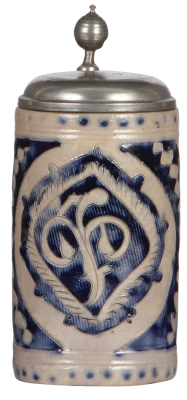 Stoneware stein, 9.4'' ht., late 1700s, Westerwälder Walzenkrug, incised, blue saltglaze, pewter lid, pewter strap repaired, two small chips on side.