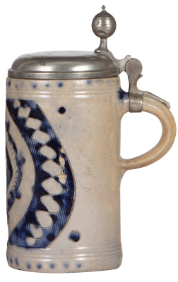 Stoneware stein, 9.4'' ht., late 1700s, Westerwälder Walzenkrug, incised, blue saltglaze, pewter lid, pewter strap repaired, two small chips on side. - 2