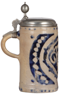 Stoneware stein, 9.4'' ht., late 1700s, Westerwälder Walzenkrug, incised, blue saltglaze, pewter lid, pewter strap repaired, two small chips on side. - 3