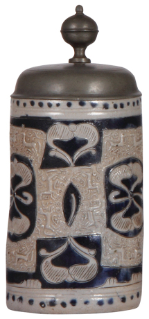 Stoneware stein, 8.5" ht., mid 1700s, Westerwälder Walzenkrug, incised & relief design with small horses, blue saltglaze, pewter lid has minor scratches, very good condition.