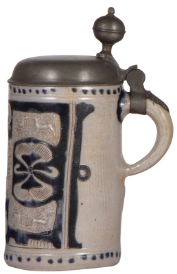 Stoneware stein, 8.5" ht., mid 1700s, Westerwälder Walzenkrug, incised & relief design with small horses, blue saltglaze, pewter lid has minor scratches, very good condition. - 2