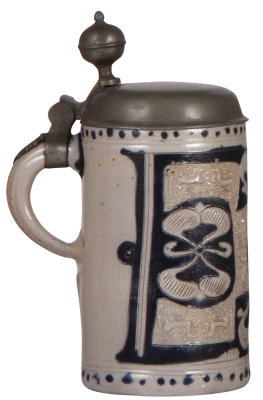 Stoneware stein, 8.5" ht., mid 1700s, Westerwälder Walzenkrug, incised & relief design with small horses, blue saltglaze, pewter lid has minor scratches, very good condition. - 3