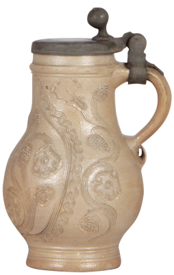 Stoneware stein, 8.0" ht., mid 1700s, Westerwälder Birnkrug, applied relief, original pewter lid, base chip & hairline. - 2