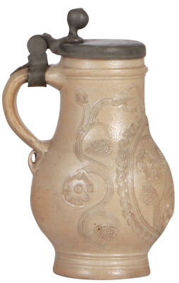 Stoneware stein, 8.0" ht., mid 1700s, Westerwälder Birnkrug, applied relief, original pewter lid, base chip & hairline. - 3