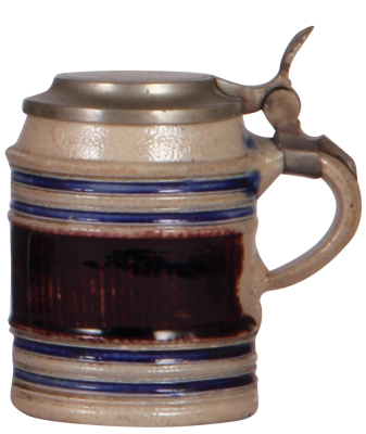 Stoneware stein, 4.6'' ht., mid 1700s, Westerwälder Walzenkrug, blue & purple saltglazes, pewter lid, excellent pewter strap repair. - 2