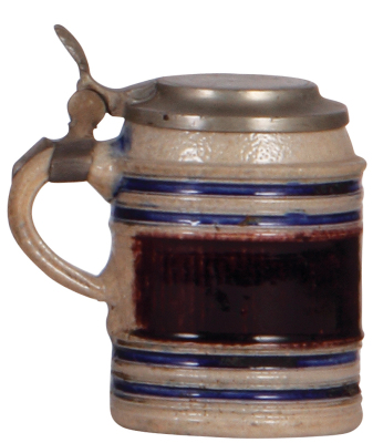 Stoneware stein, 4.6'' ht., mid 1700s, Westerwälder Walzenkrug, blue & purple saltglazes, pewter lid, excellent pewter strap repair. - 3