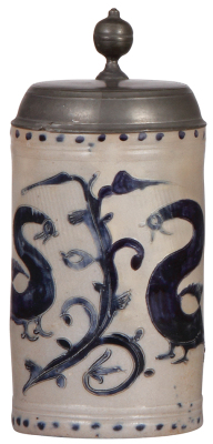 Stoneware stein, 10.7'' ht., late 1700s, Westerwälder Walzenkrug, incised, blue saltglaze, pewter lid, fair repair of a tear at rear of lid, small dent on rim.
