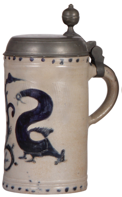 Stoneware stein, 10.7'' ht., late 1700s, Westerwälder Walzenkrug, incised, blue saltglaze, pewter lid, fair repair of a tear at rear of lid, small dent on rim. - 2
