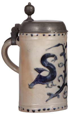 Stoneware stein, 10.7'' ht., late 1700s, Westerwälder Walzenkrug, incised, blue saltglaze, pewter lid, fair repair of a tear at rear of lid, small dent on rim. - 3