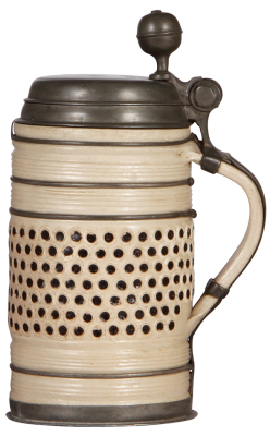 Stoneware stein, 10.4'' ht., early 1700s, Altenburger Walzenkrug, saltglazed, applied relief, brown on gray body, pewter lid, footring, vertical handle strap & belly bands, small pewter tear at rear of the lid, otherwise very good condition. - 2