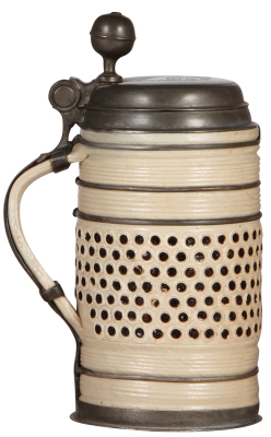 Stoneware stein, 10.4'' ht., early 1700s, Altenburger Walzenkrug, saltglazed, applied relief, brown on gray body, pewter lid, footring, vertical handle strap & belly bands, small pewter tear at rear of the lid, otherwise very good condition. - 3