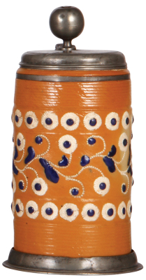 Stoneware stein, 9.8'' ht., early 1700s, Altenburger Walzenkrug, saltglazed, applied relief, blue & white on orange body, pewter lid, footring & vertical handle strap, lid dated 1727, small dents on lid, body very good condition.