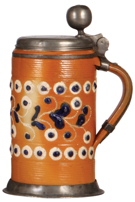 Stoneware stein, 9.8'' ht., early 1700s, Altenburger Walzenkrug, saltglazed, applied relief, blue & white on orange body, pewter lid, footring & vertical handle strap, lid dated 1727, small dents on lid, body very good condition. - 2