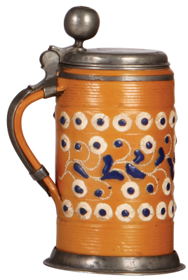 Stoneware stein, 9.8'' ht., early 1700s, Altenburger Walzenkrug, saltglazed, applied relief, blue & white on orange body, pewter lid, footring & vertical handle strap, lid dated 1727, small dents on lid, body very good condition. - 3