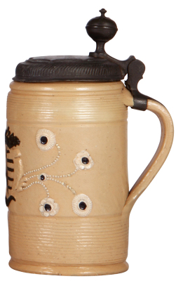 Stoneware stein, 8.4'' ht., mid 1700s, Altenburger Walzenkrug, Sachsen coat-of-arms, saltglazed, applied relief, brown & white on light brown body, pewter lid dated 1765, short line on base edge, overall good condition. - 2