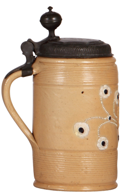 Stoneware stein, 8.4'' ht., mid 1700s, Altenburger Walzenkrug, Sachsen coat-of-arms, saltglazed, applied relief, brown & white on light brown body, pewter lid dated 1765, short line on base edge, overall good condition. - 3