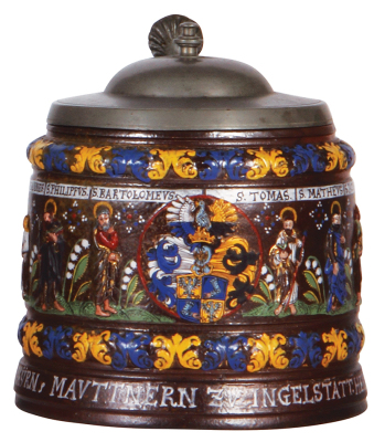 Stoneware stein, 7.7" ht., 6.7" d., Creussen Walzenkrug, Apostles, verse on body: Curfürst: in Baÿern, Mauttnern zu Ingelstatt Herrn Johann Schalckhen, 1649, pewter lid, an early date and a large body, very good condition.