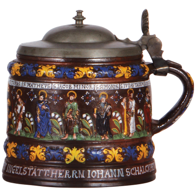 Stoneware stein, 7.7" ht., 6.7" d., Creussen Walzenkrug, Apostles, verse on body: Curfürst: in Baÿern, Mauttnern zu Ingelstatt Herrn Johann Schalckhen, 1649, pewter lid, an early date and a large body, very good condition. - 2