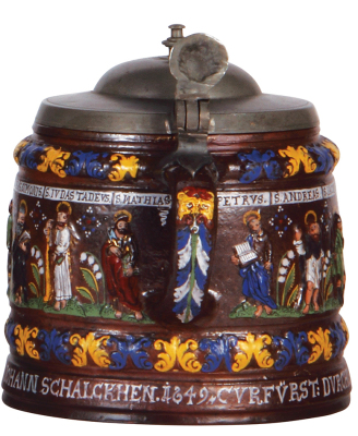 Stoneware stein, 7.7" ht., 6.7" d., Creussen Walzenkrug, Apostles, verse on body: Curfürst: in Baÿern, Mauttnern zu Ingelstatt Herrn Johann Schalckhen, 1649, pewter lid, an early date and a large body, very good condition. - 3