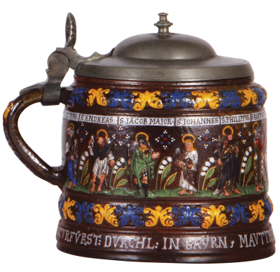 Stoneware stein, 7.7" ht., 6.7" d., Creussen Walzenkrug, Apostles, verse on body: Curfürst: in Baÿern, Mauttnern zu Ingelstatt Herrn Johann Schalckhen, 1649, pewter lid, an early date and a large body, very good condition. - 4