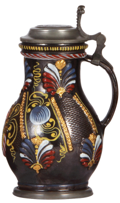 Stoneware stein, 9.0'' ht., late 1600s, Annaberger Birnkrug, pewter lid & footring, medallion on lid: Victoria Caroli Felicitas Christianor, very good condition. - 2