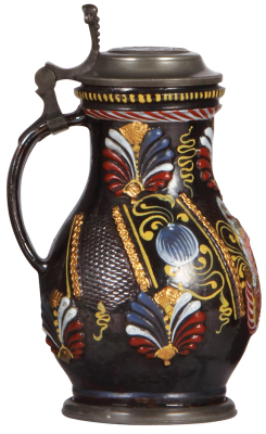 Stoneware stein, 9.0'' ht., late 1600s, Annaberger Birnkrug, pewter lid & footring, medallion on lid: Victoria Caroli Felicitas Christianor, very good condition. - 4