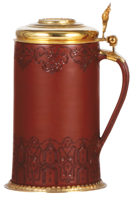 Böttger tankard, 8.2" ht., c.1710 -1713, carved geometric design, gilded silver lid and footring, medallion on lid with three rulers in Saxony, inscription M.S., A.M. & M.D., 1724, very rare, excellent condition. - 2