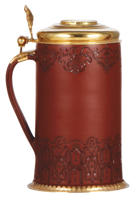 Böttger tankard, 8.2" ht., c.1710 -1713, carved geometric design, gilded silver lid and footring, medallion on lid with three rulers in Saxony, inscription M.S., A.M. & M.D., 1724, very rare, excellent condition. - 4