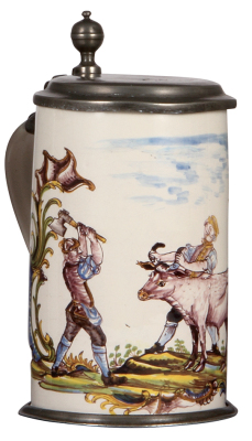 Faience stein, 9.8" ht., late 1700s, Ansbacher Walzenkrug, pewter lid & footring, rare, excellent repair of three hairlines.