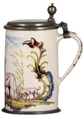 Faience stein, 9.8" ht., late 1700s, Ansbacher Walzenkrug, pewter lid & footring, rare, excellent repair of three hairlines. - 3