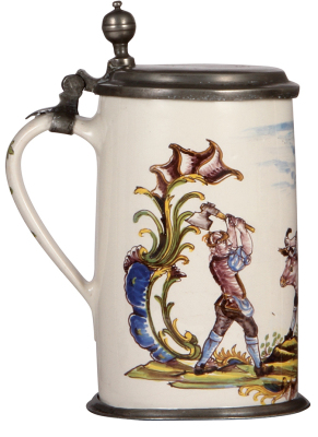 Faience stein, 9.8" ht., late 1700s, Ansbacher Walzenkrug, pewter lid & footring, rare, excellent repair of three hairlines. - 4